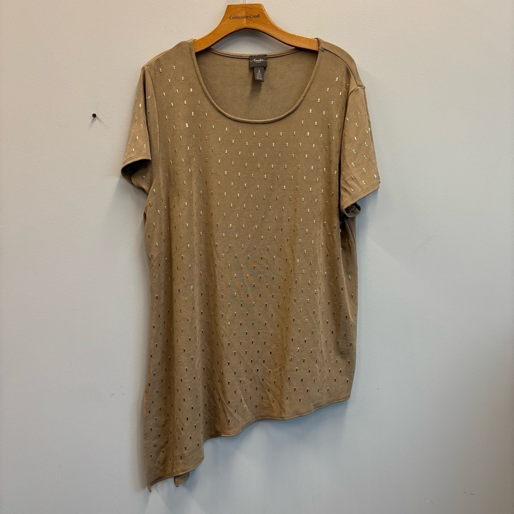 Chico's 3 (XL) Sierra Top Studded‎ Tunic Beige Short Sleeve Asymmetrical